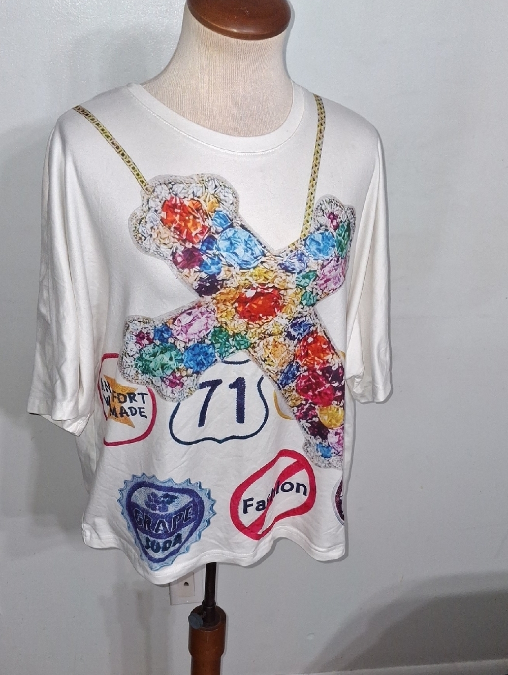 White Graphic Tee with Colorful Gem Cross- W Sz Medium